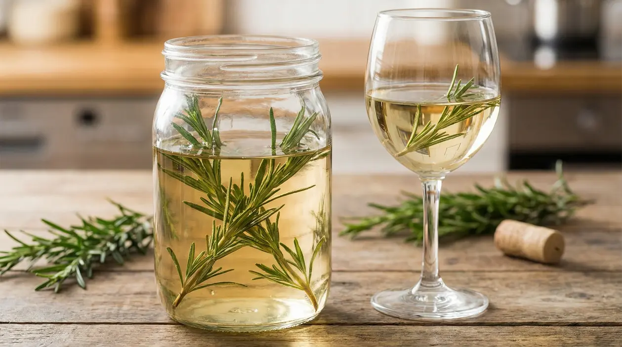 Rametti di rosmarino immersi in vino bianco in un barattolo e un calice su un tavolo di legno