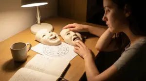 Persona seduta alla scrivania osserva due maschere con espressioni diverse accanto a un tema astrologico
