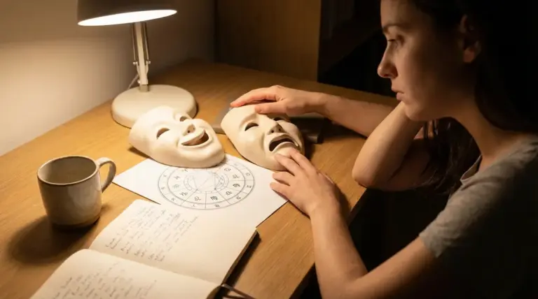 Persona seduta alla scrivania osserva due maschere con espressioni diverse accanto a un tema astrologico