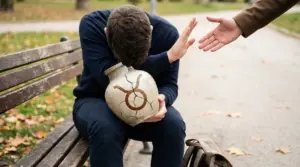 Persona seduta su una panchina che rifiuta un aiuto mentre tiene un vaso rotto con simbolo zodiacale