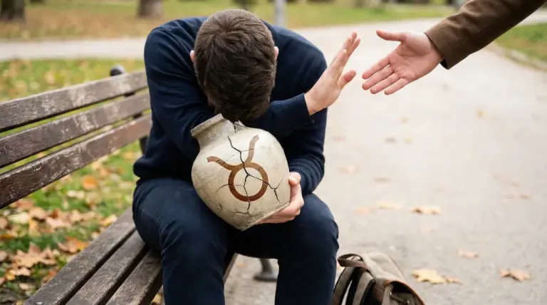 Persona seduta su una panchina che rifiuta un aiuto mentre tiene un vaso rotto con simbolo zodiacale