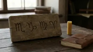 Tavoletta in legno con simboli zodiacali incisi, su un tavolo accanto a una candela e un quaderno.