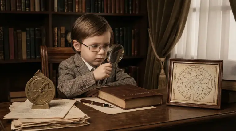 Un bambino in abiti formali osserva un libro di astrologia con una lente d'ingrandimento