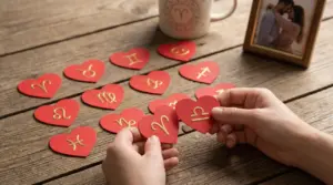 Mani che tengono cuori rossi con simboli zodiacali su un tavolo di legno