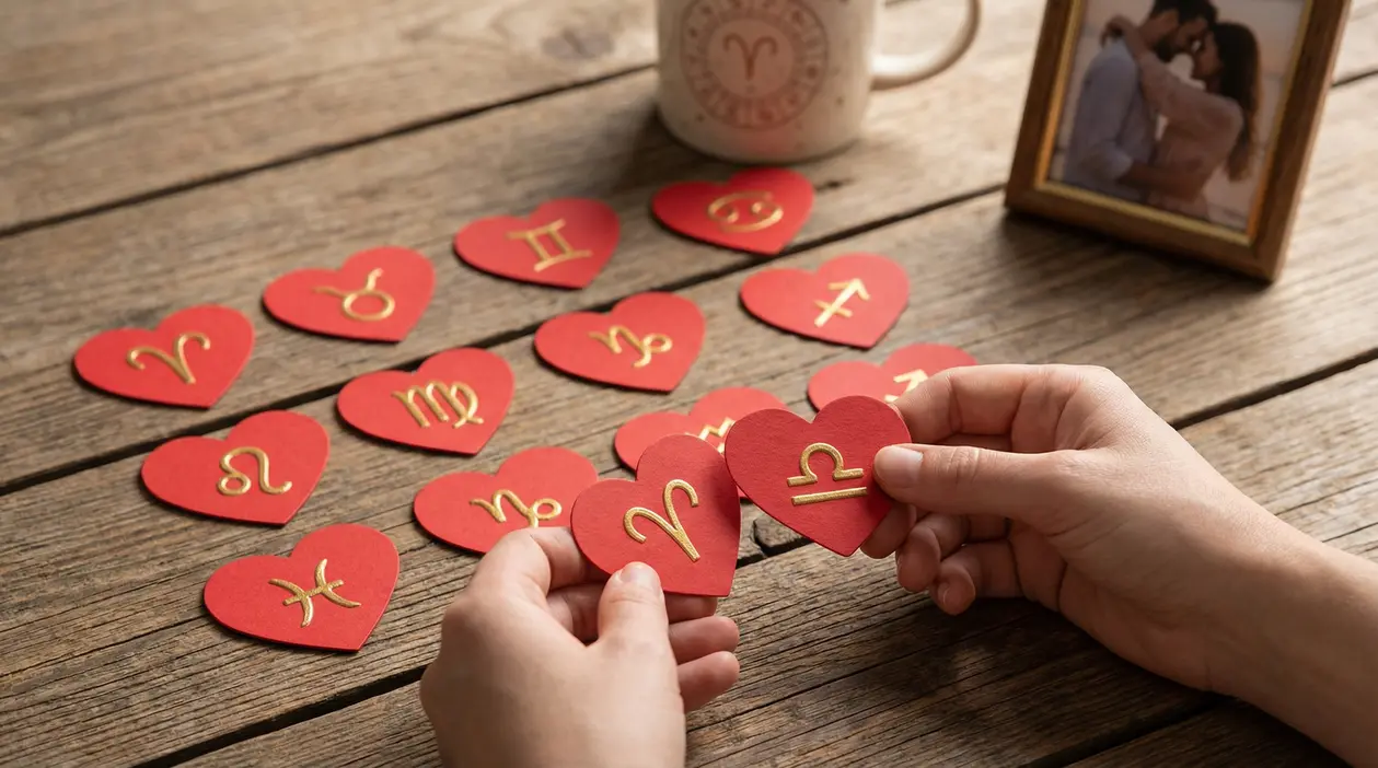 Mani che tengono cuori rossi con simboli zodiacali su un tavolo di legno