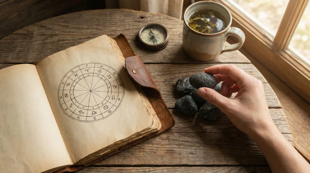 Una mano vicino a pietre scure, un libro aperto con simboli zodiacali e una tazza di tè su un tavolo di legno