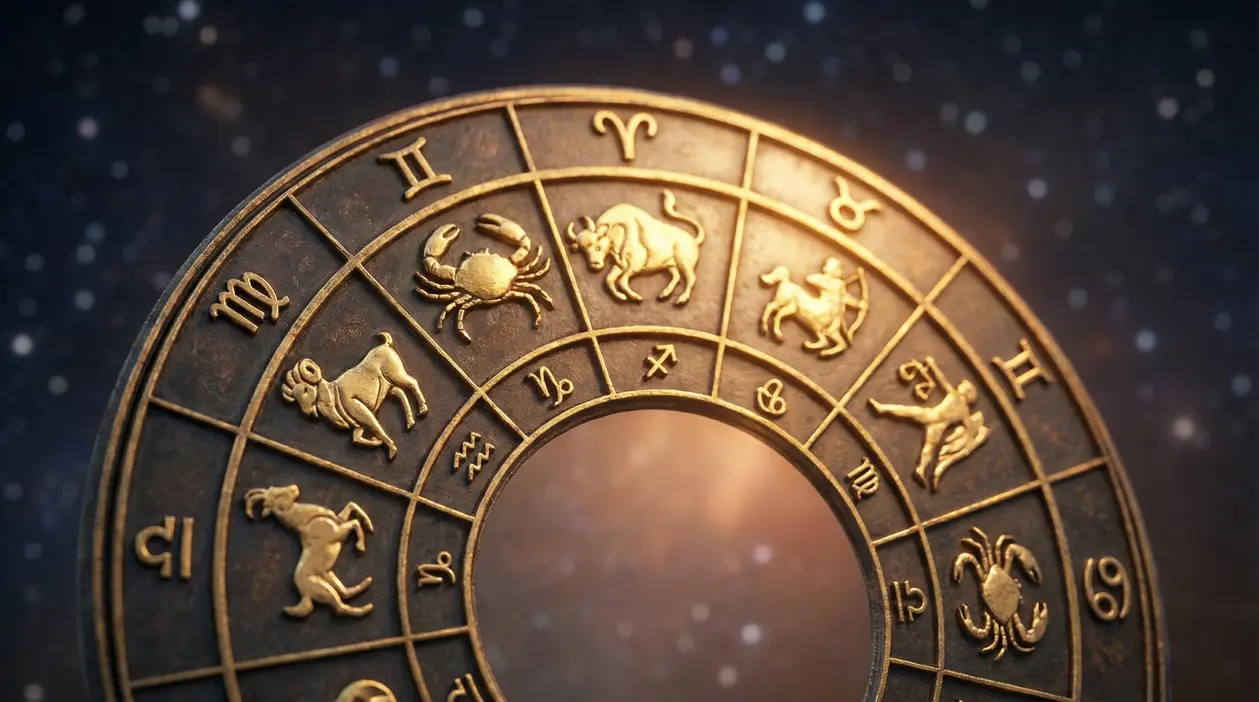 Rappresentazione circolare dei segni zodiacali dorati su sfondo stellato