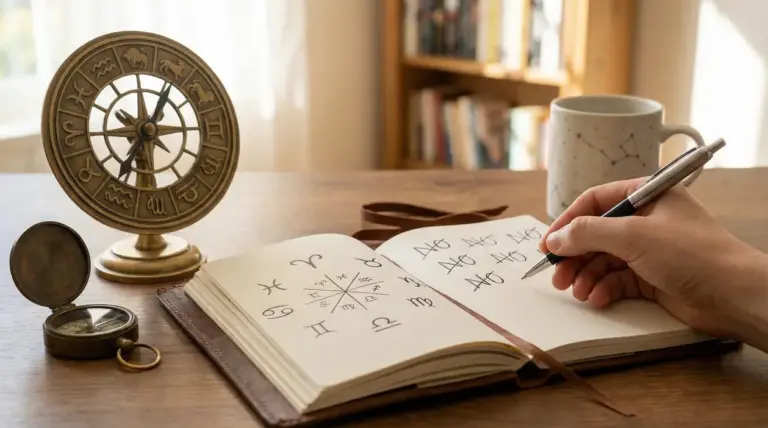 Una mano scrive simboli zodiacali su un quaderno accanto a un oroscopo e una tazza