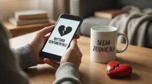Persona con smartphone che mostra un'icona di cuore rotto accanto a una tazza e un cuore decorativo spezzato