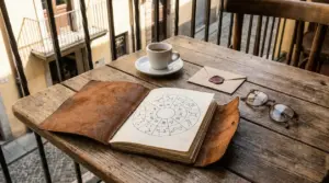 Tavolo di legno con libro astrologico aperto, tazza di caffè, occhiali e lettera sigillata