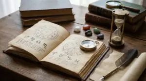 Tavolo con libri antichi, simboli zodiacali, clessidra e pietre decorative
