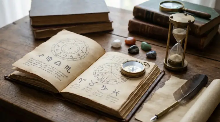 Tavolo con libri antichi, simboli zodiacali, clessidra e pietre decorative