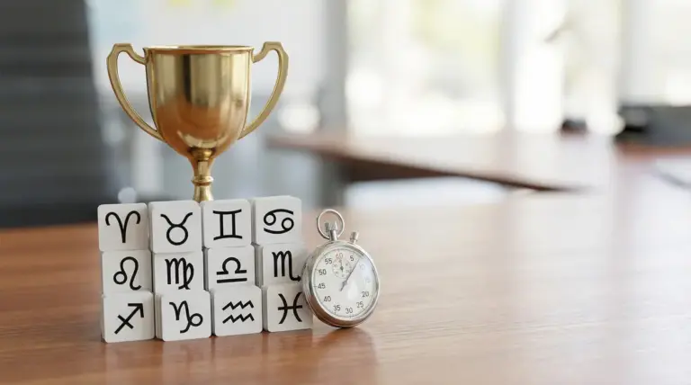 Trofeo dorato con simboli zodiacali e cronometro su tavolo di legno