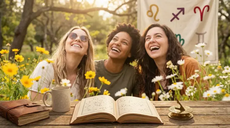 Tre persone sorridenti sedute in un prato fiorito con simboli zodiacali sullo sfondo