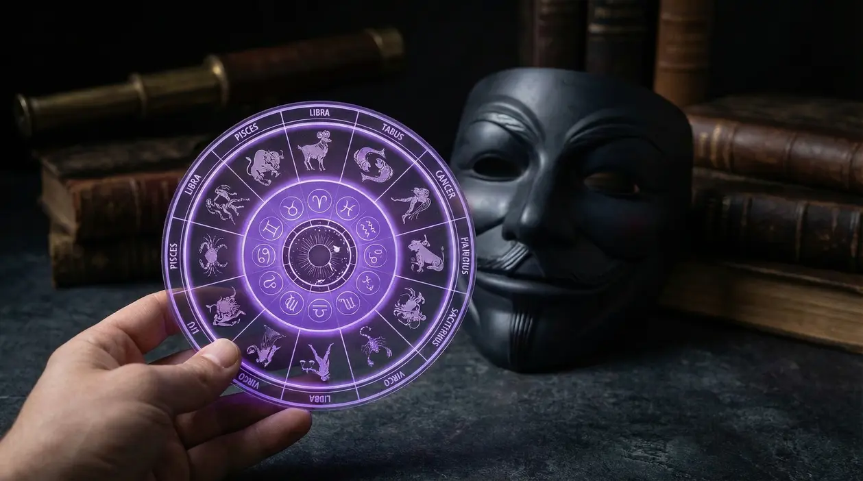 Una mano tiene un disco zodiacale luminoso vicino a una maschera nera e a libri antichi