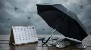 Ombrello nero sotto la pioggia con segni zodiacali e calendario su un tavolo di legno