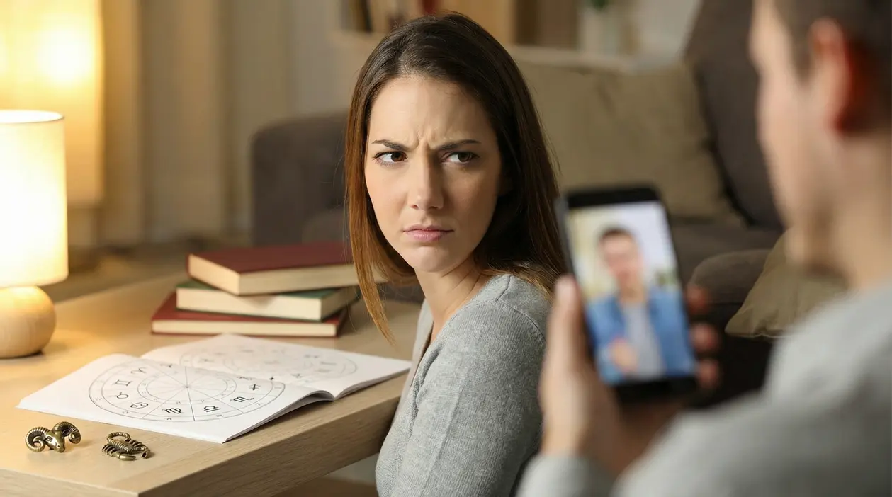 Donna infastidita guarda un uomo mentre studia un tema astrologico in salotto