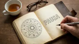 Una mano scrive su un quaderno aperto con simboli zodiacali e una tazza di tè accanto