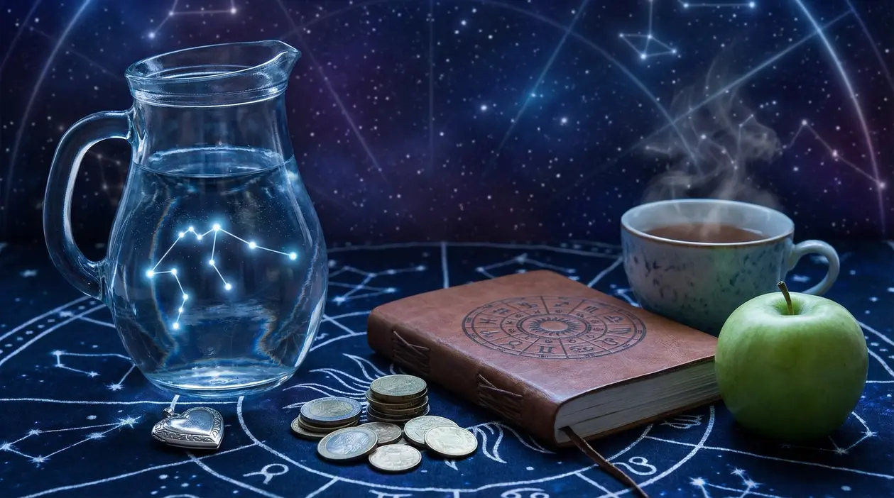 Oggetti simbolici su tema astrologico con brocca d'acqua, monete, libro, mela e tazza su sfondo stellato