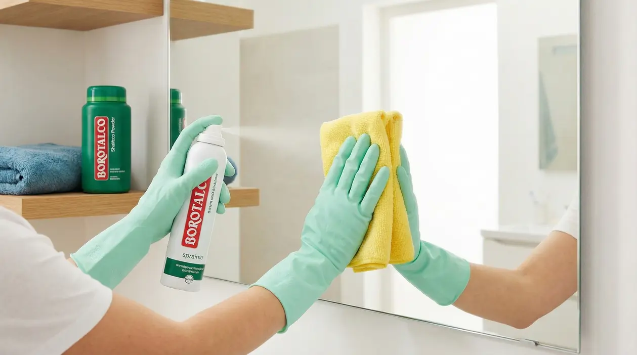 Persona con guanti pulisce uno specchio con un panno e spray Borotalco