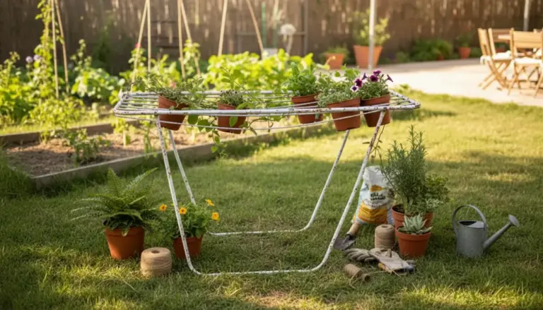 Vecchio stendino trasformato in portavasi da giardino con piante in vaso