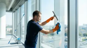 Persona che pulisce una grande vetrata con tergivetro e panno in un edificio moderno