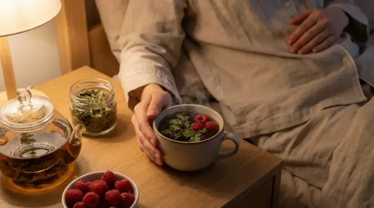 Persona in pigiama tiene una tazza di tisana con erbe e lamponi sul comodino