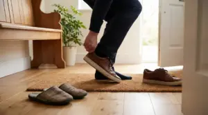 Persona che si toglie le scarpe all'ingresso di casa su uno zerbino