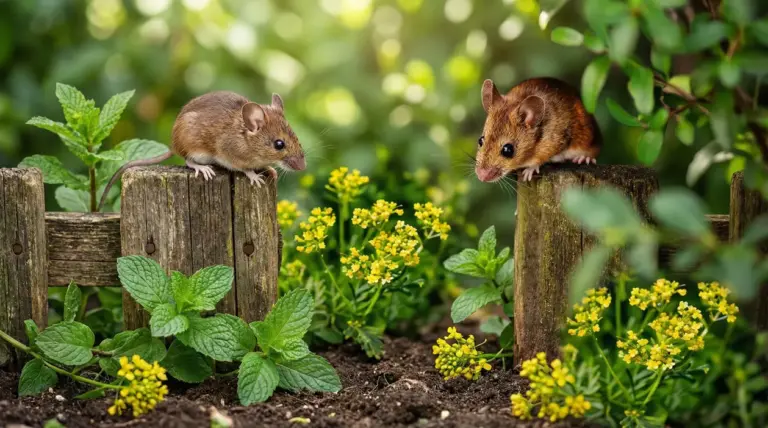 Due topi su una staccionata in legno tra piante e fiori in un giardino
