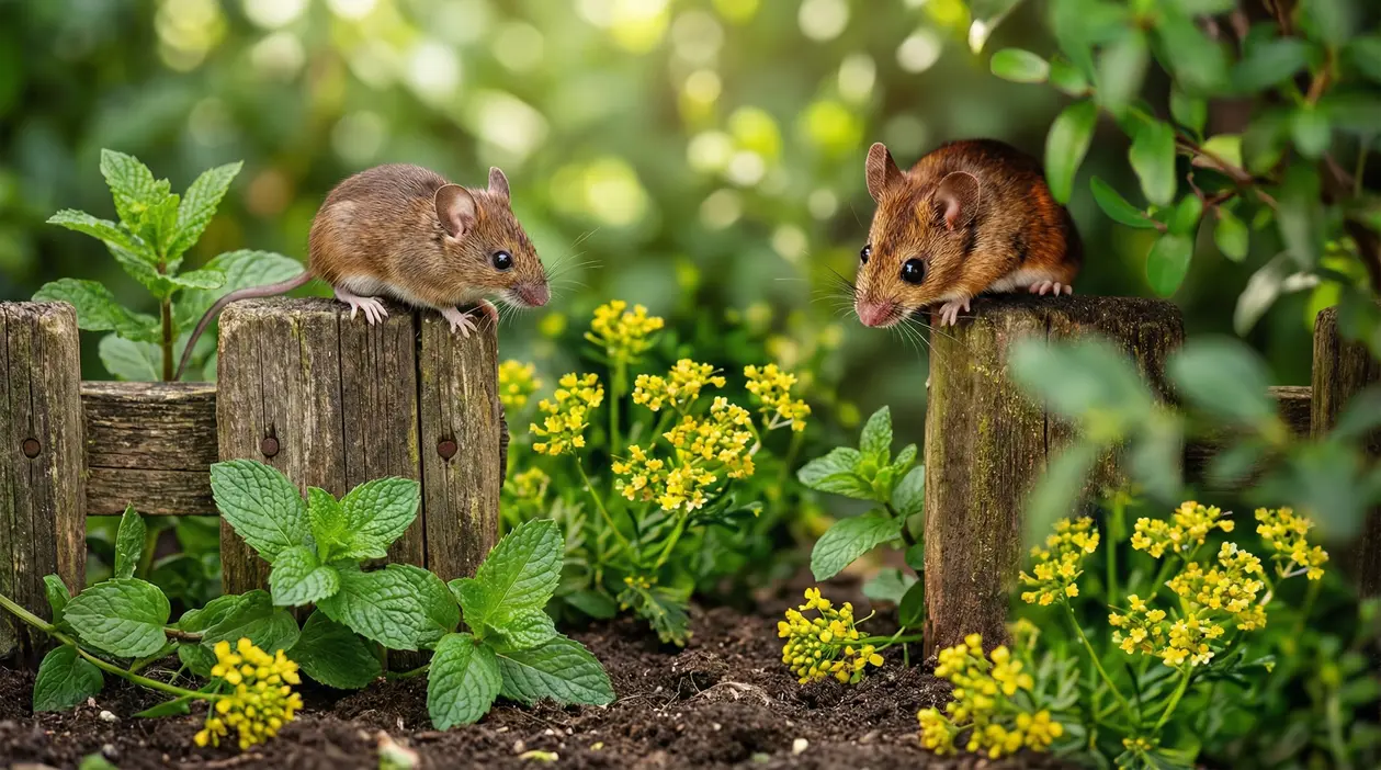 Due topi su una staccionata in legno tra piante e fiori in un giardino