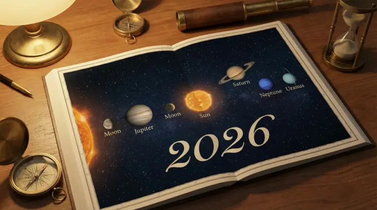 Illustrazione di un libro aperto con pianeti e il Sole per rappresentare i transiti astrali del 2026