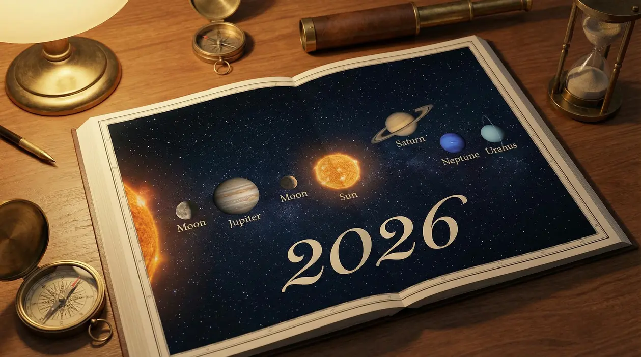 Illustrazione di un libro aperto con pianeti e il Sole per rappresentare i transiti astrali del 2026
