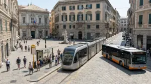 Tram e autobus in una piazza del centro storico con persone in attesa alla fermata