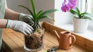 Persona con guanti sistema un'orchidea in un vaso trasparente vicino a una finestra