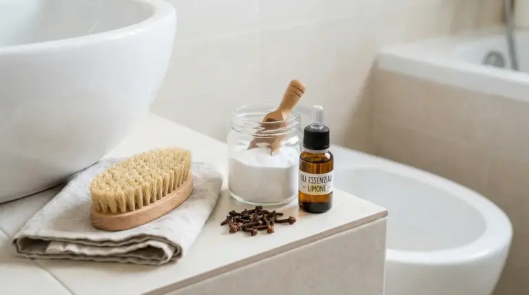 Ingredienti naturali come bicarbonato, olio essenziale e chiodi di garofano su una superficie del bagno