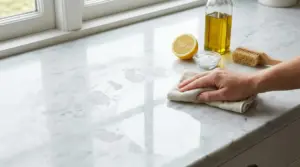 Una mano pulisce un piano in marmo con un panno vicino a limone, olio e bicarbonato