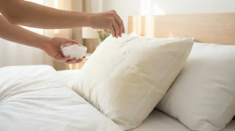 Una mano cosparge del bicarbonato su un cuscino posato su un letto rifatto