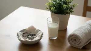 Bicchiere di latte accanto a una ciotola con gioielli, un asciugamano e una pianta su un tavolo.