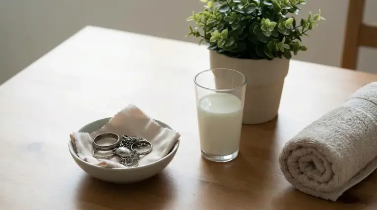 Bicchiere di latte accanto a una ciotola con gioielli, un asciugamano e una pianta su un tavolo.