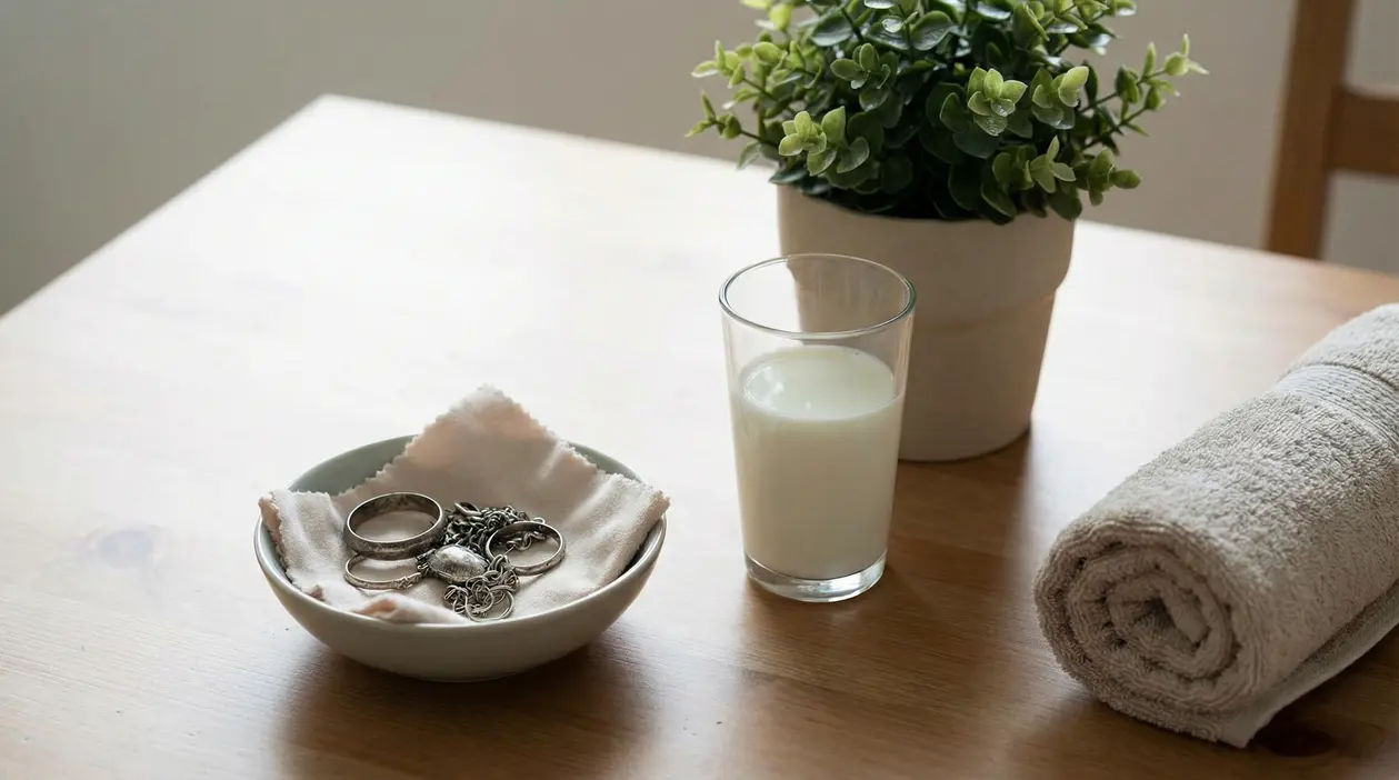 Bicchiere di latte accanto a una ciotola con gioielli, un asciugamano e una pianta su un tavolo.