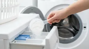 Una mano versa polvere bianca nel cassetto di una lavatrice