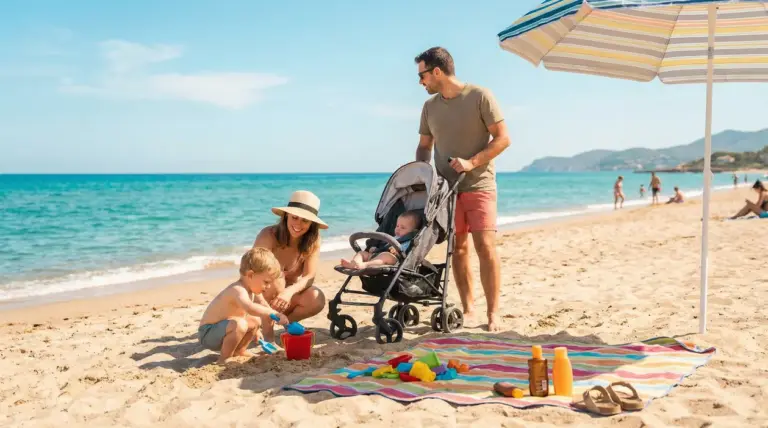Famiglia con bambini piccoli gioca sulla spiaggia sotto un ombrellone in una giornata di sole