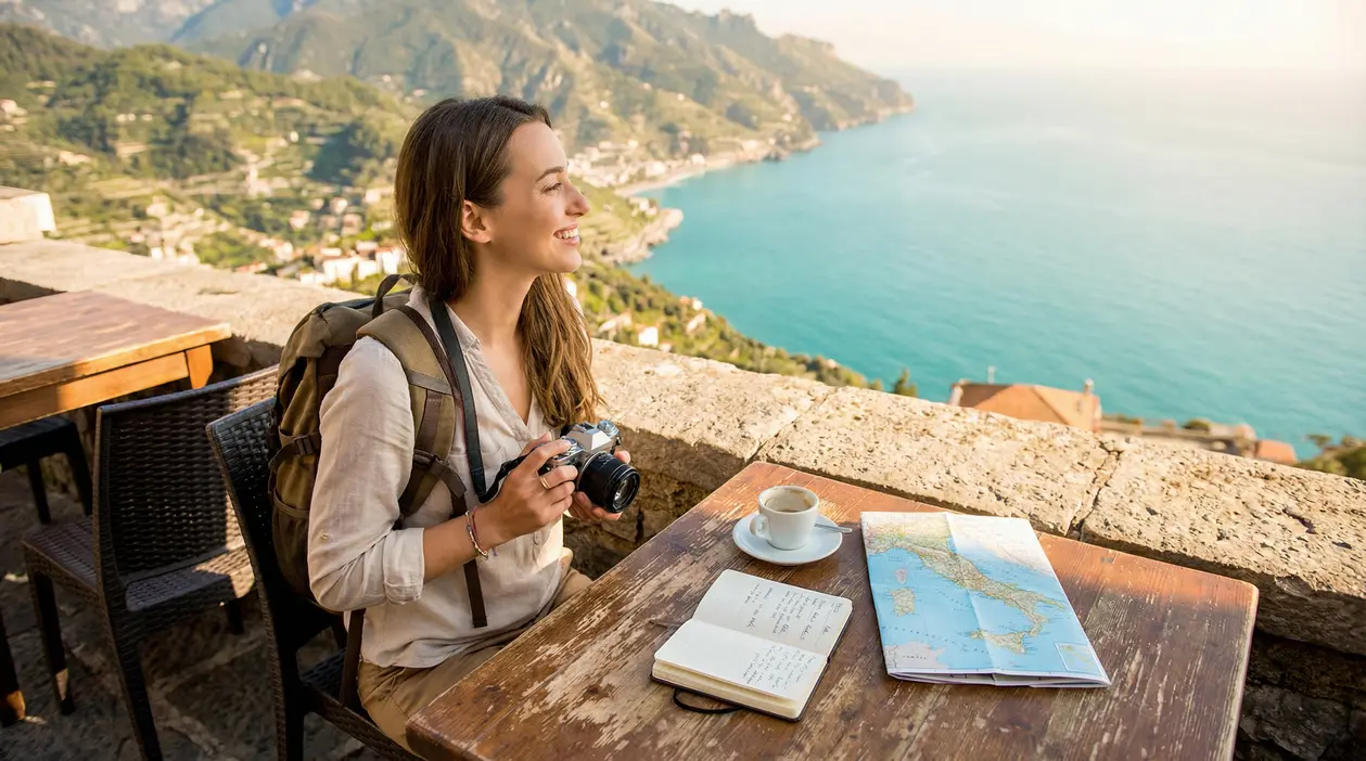 Persona con zaino e macchina fotografica seduta a un tavolo panoramico con vista sul mare in Italia