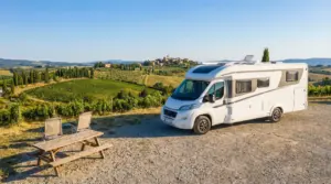 Camper parcheggiato con vista panoramica sulle colline toscane e vigneti
