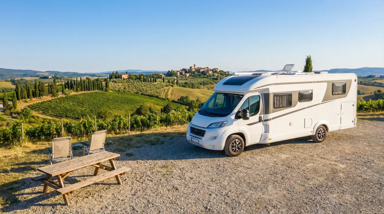Camper parcheggiato con vista panoramica sulle colline toscane e vigneti
