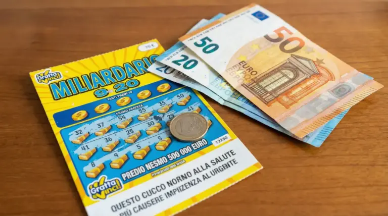 Biglietto gratta e vinci con moneta e banconote in euro su tavolo di legno