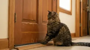 Gatto tigrato seduto davanti a una porta di legno chiusa, con una zampa appoggiata alla soglia