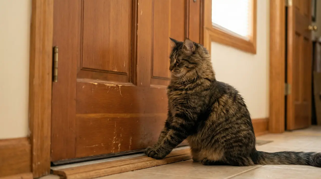 Gatto tigrato seduto davanti a una porta di legno chiusa, con una zampa appoggiata alla soglia