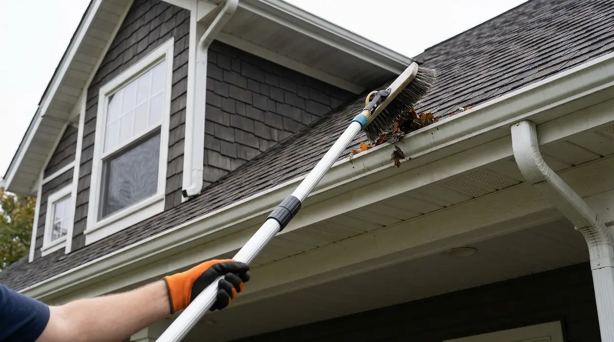 Persona pulisce la grondaia da terra con asta telescopica e spazzola, rimuovendo foglie dal bordo del tetto