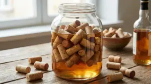 Barattolo di vetro con alcool ambrato e tappi di sughero immersi, su tavolo di legno vicino a una bottiglia